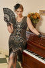 Laden Sie das Bild in den Galerie-Viewer, Schwarz Goldene Pailletten Plus Size 1920er Jahre Gatsby Kleid mit 20er Jahre Zubehör Set