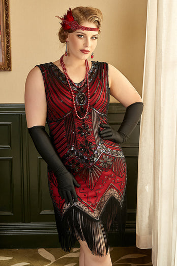 Rotes Plus Size 1920er Jahre Gatsby Kleid mit 20er Jahre Zubehör Set