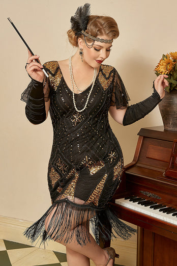 Schwarz Golden Cap Ärmel 1920er Jahre Kleid mit 20er Jahre Accessoires Set