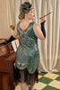 Laden Sie das Bild in den Galerie-Viewer, Goldenes und grünes 1920er Jahre Plus Size Kleid mit 20er Jahre Accessoires Set