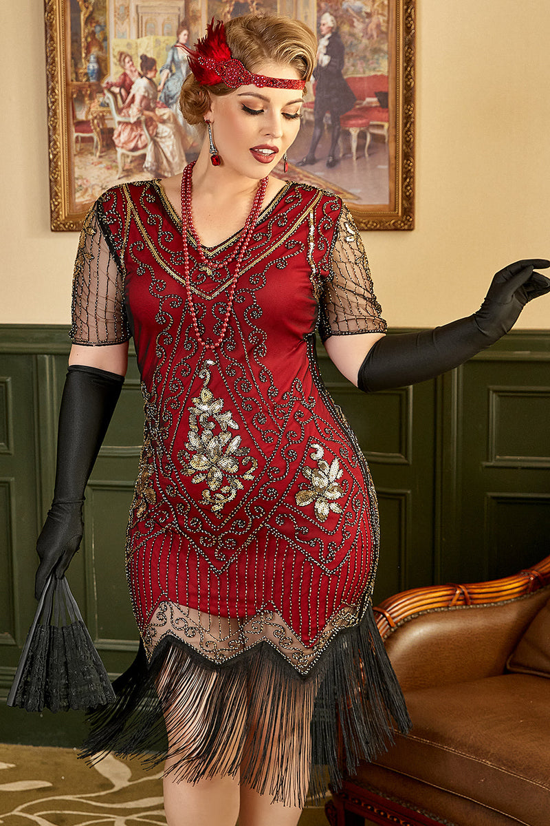 Laden Sie das Bild in den Galerie-Viewer, Goldenes und rotes 1920er Jahre Plus Size Kleid mit 20er Jahre Accessoires Set