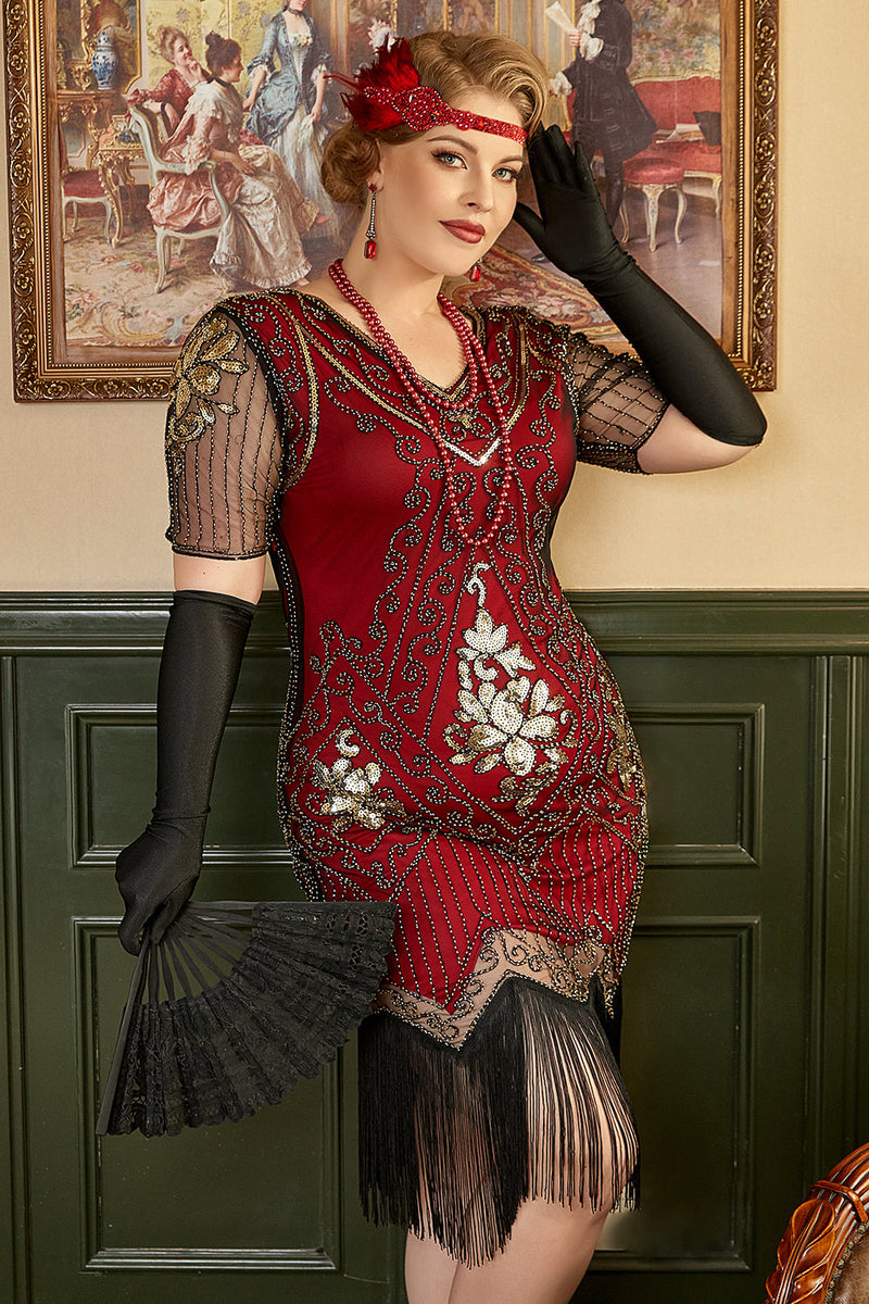 Laden Sie das Bild in den Galerie-Viewer, Goldenes und rotes 1920er Jahre Plus Size Kleid mit 20er Jahre Accessoires Set