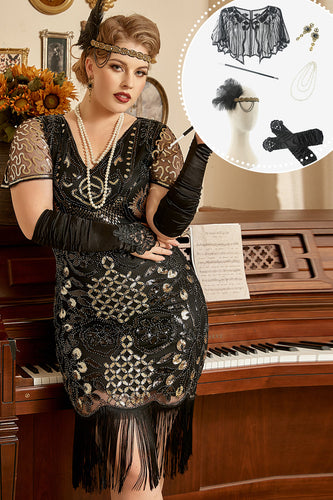 Schwarze Pailletten 1920er Jahre Flapper Plus Size Kleid mit 20er Jahre Accessoires Set