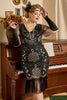 Laden Sie das Bild in den Galerie-Viewer, Schwarze Pailletten 1920er Jahre Flapper Plus Size Kleid mit 20er Jahre Accessoires Set