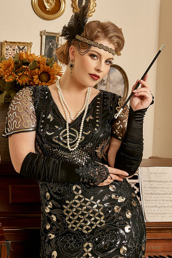 Schwarze Pailletten 1920er Jahre Flapper Plus Size Kleid mit 20er Jahre Accessoires Set