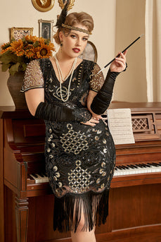 Schwarze Pailletten 1920er Jahre Flapper Plus Size Kleid mit 20er Jahre Accessoires Set