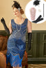 Laden Sie das Bild in den Galerie-Viewer, Königsblau Pailletten 1920er Jahre Plus Size Gatsby Kleid mit 20er Jahre Accessoires Set