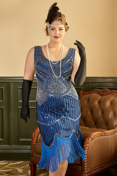 Königsblau Pailletten 1920er Jahre Plus Size Gatsby Kleid mit 20er Jahre Accessoires Set