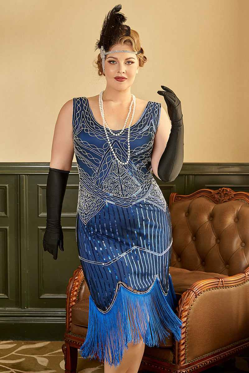 Laden Sie das Bild in den Galerie-Viewer, Königsblau Pailletten 1920er Jahre Plus Size Gatsby Kleid mit 20er Jahre Accessoires Set