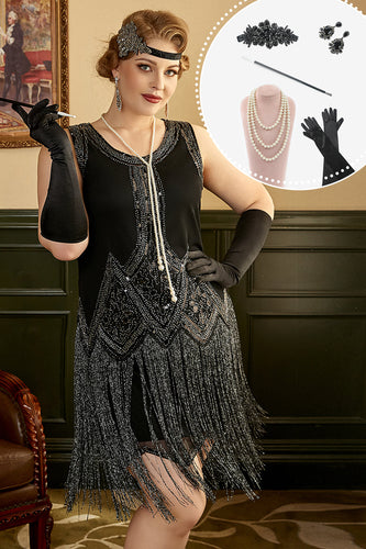 Schwarze Fransen 1920er Plus Size Gatsby Kleid mit 20er Jahre Accessoires Set