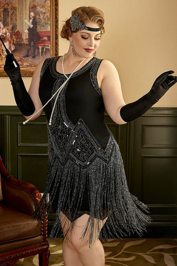 Schwarze Fransen 1920er Plus Size Gatsby Kleid mit 20er Jahre Accessoires Set