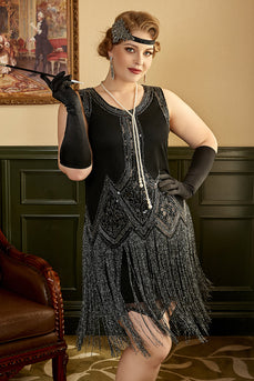 Schwarze Fransen 1920er Plus Size Gatsby Kleid mit 20er Jahre Accessoires Set