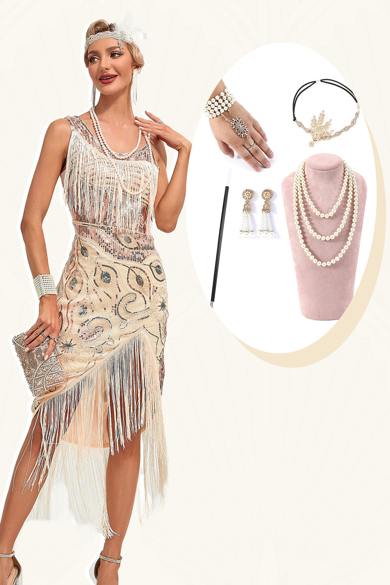 Laden Sie das Bild in den Galerie-Viewer, Glitzerndes Champagner Paillettenfransen-Set Asymmetrisches 1920er Jahren Gatsby-Kleid mit Accessoires