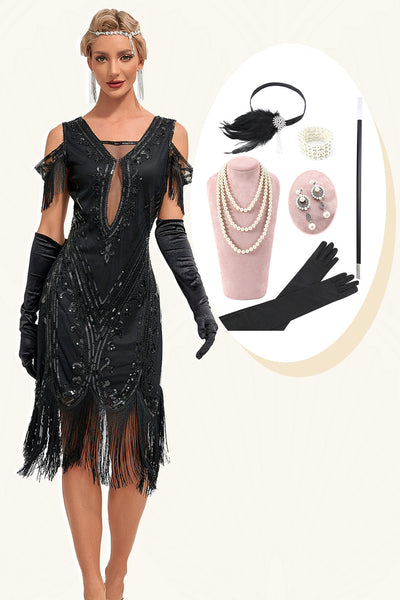 Glitzer Schwarzes Pailletten Fransen 1920er Jahre Gatsby Kleid mit Accessoires Set