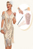 Laden Sie das Bild in den Galerie-Viewer, Glitter Champagner Pailletten Fransen 1920er Jahre Gatsby Kleid mit Accessoires Set