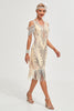 Laden Sie das Bild in den Galerie-Viewer, Glitter Champagner Pailletten Fransen 1920er Jahre Gatsby Kleid mit Accessoires Set