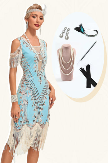 Glitter Grün Pailletten Fransen 1920er Jahre Gatsby Kleid mit Accessoires Set