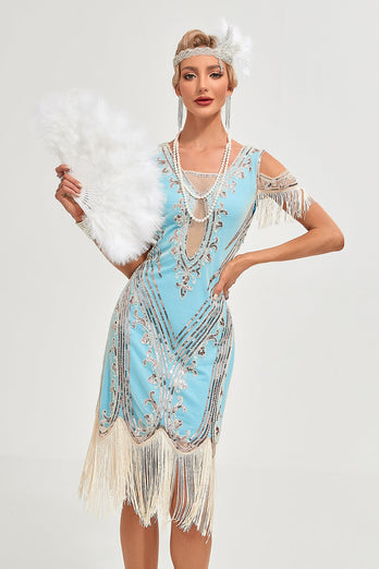 Glitter Grün Pailletten Fransen 1920er Jahre Gatsby Kleid mit Accessoires Set