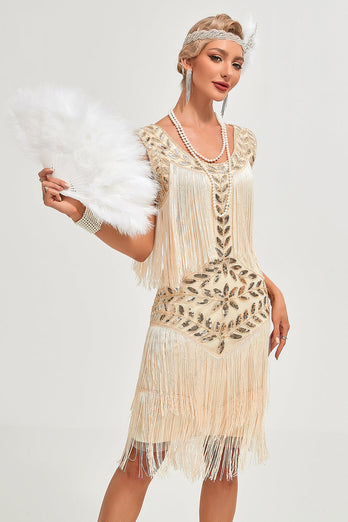 Glitzer Champagner 1920er Jahre Pailletten Gatsby-Kleid mit Fransen und Accessoires