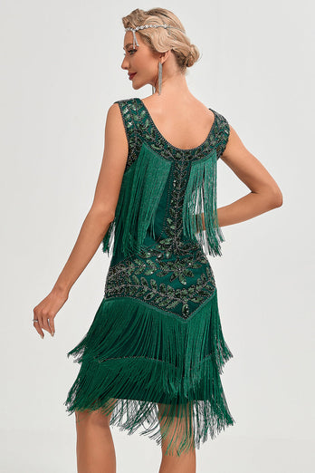 Dunkelgrünes Pailletten-Fransen-Set Great Gatsby Kleid mit Accessoires