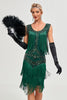 Laden Sie das Bild in den Galerie-Viewer, Dunkelgrünes Pailletten-Fransen-Set Great Gatsby Kleid mit Accessoires