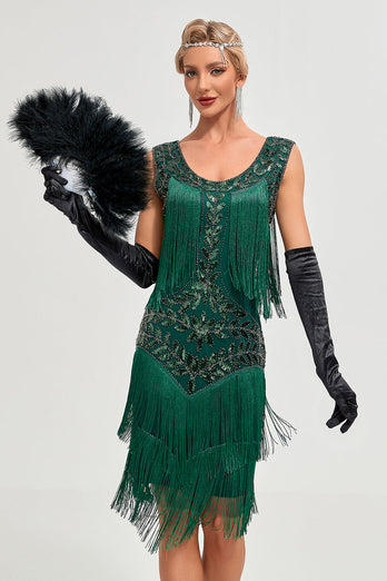 Dunkelgrünes Pailletten-Fransen-Set Great Gatsby Kleid mit Accessoires