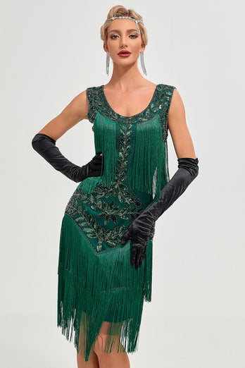 Dunkelgrünes Pailletten-Fransen-Set Great Gatsby Kleid mit Accessoires