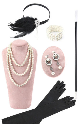 Weißes Pailletten-Fransen-Flapper-Kleid mit Accessoires