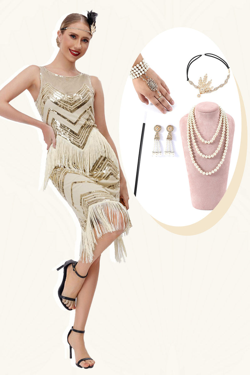 Laden Sie das Bild in den Galerie-Viewer, Champagnerfarbenes Glitzerfransen-Gatsby-Kleid mit Accessoires Set