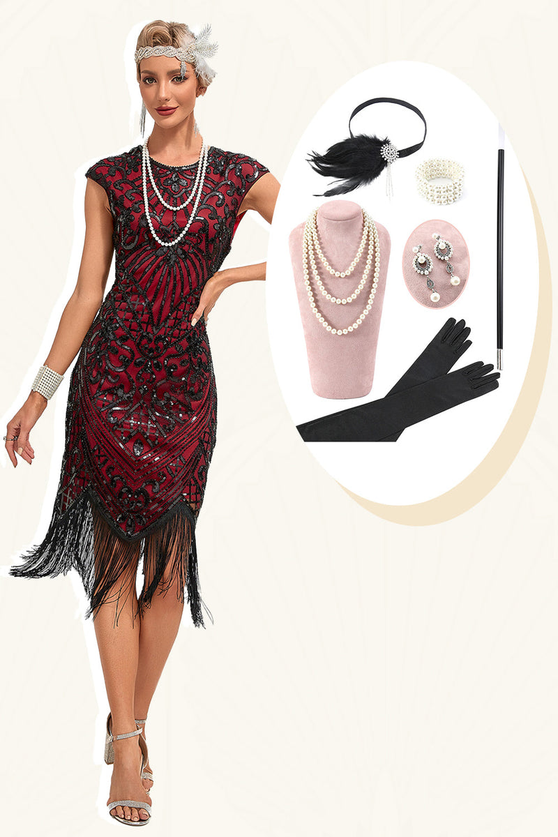 Laden Sie das Bild in den Galerie-Viewer, Burgunderrotes Fransen-Glitzer-Flapper-Kleid mit Accessoires