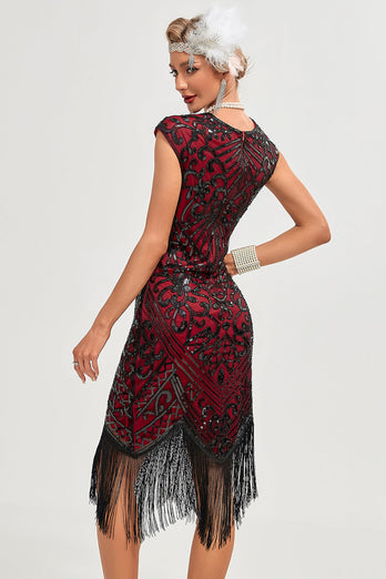 Burgunderrotes Fransen-Glitzer-Flapper-Kleid mit Accessoires