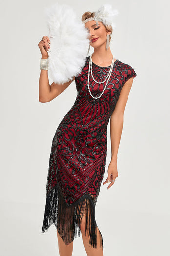 Burgunderrotes Fransen-Glitzer-Flapper-Kleid mit Accessoires