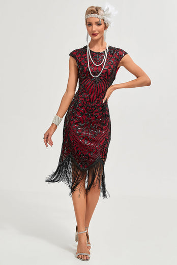 Burgunderrotes Fransen-Glitzer-Flapper-Kleid mit Accessoires