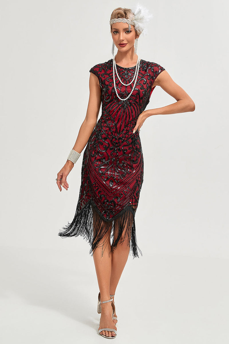 Laden Sie das Bild in den Galerie-Viewer, Burgunderrotes Fransen-Glitzer-Flapper-Kleid mit Accessoires