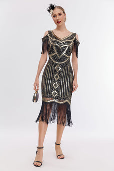 Schwarzes goldenes Gatsby-Kleid mit Cold-Shoulder-Fransen aus den 1920er Jahren und 20er-Jahre-Accessoires