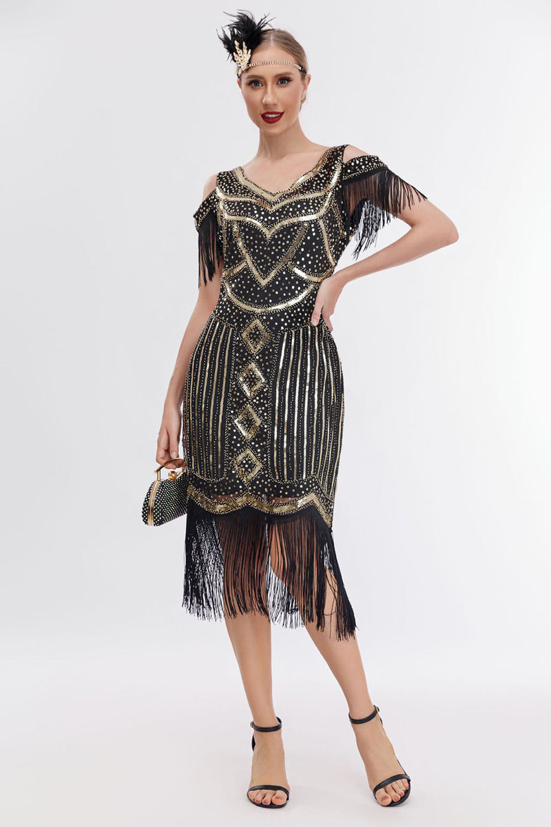 Laden Sie das Bild in den Galerie-Viewer, Schwarzes goldenes Gatsby-Kleid mit Cold-Shoulder-Fransen aus den 1920er Jahren und 20er-Jahre-Accessoires