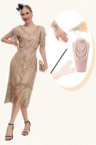 Champagnerfarbenes Cold-Shoulder-Fransen-Gatsby-Kleid aus den 1920er Jahren mit 20er-Jahre-Accessoires