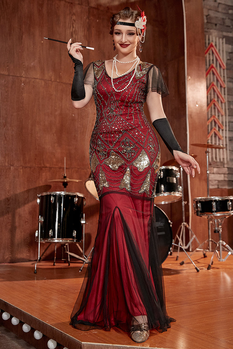 Laden Sie das Bild in den Galerie-Viewer, Burgund lange 1920er Jahre Pailletten Flapper Formal Kleid