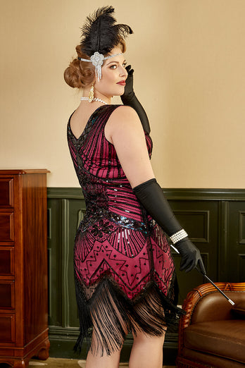 Plus Size V-Ausschnitt Fuchisa 1920s Flapper Kleid