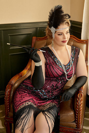 Plus Size V-Ausschnitt Fuchisa 1920s Flapper Kleid