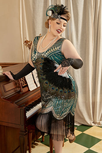 Plus Size 1920er Jahre grüne Pailletten Flapper Kleider