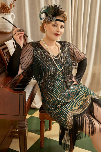 Plus Size 1920er Jahre grüne Pailletten Flapper Kleider