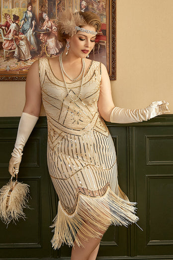 Aprikose Pailletten Fransen Plus Size 1920er Jahre Flapper Kleid