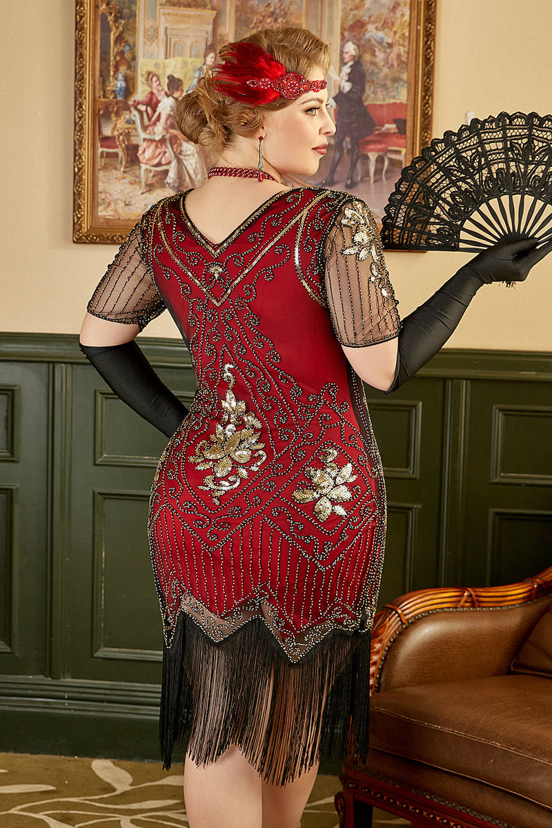 Laden Sie das Bild in den Galerie-Viewer, Schwarz Goldene Pailletten Gatsby Fransen Plus Size 1920er Jahre Kleid