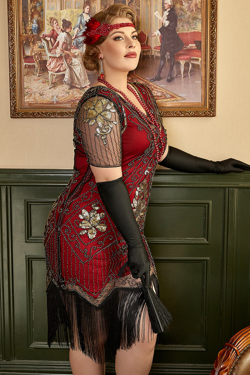 Laden Sie das Bild in den Galerie-Viewer, Schwarz Goldene Pailletten Gatsby Fransen Plus Size 1920er Jahre Kleid