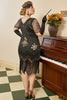 Laden Sie das Bild in den Galerie-Viewer, Schwarz Goldene Pailletten Gatsby Fransen Plus Size 1920er Jahre Kleid