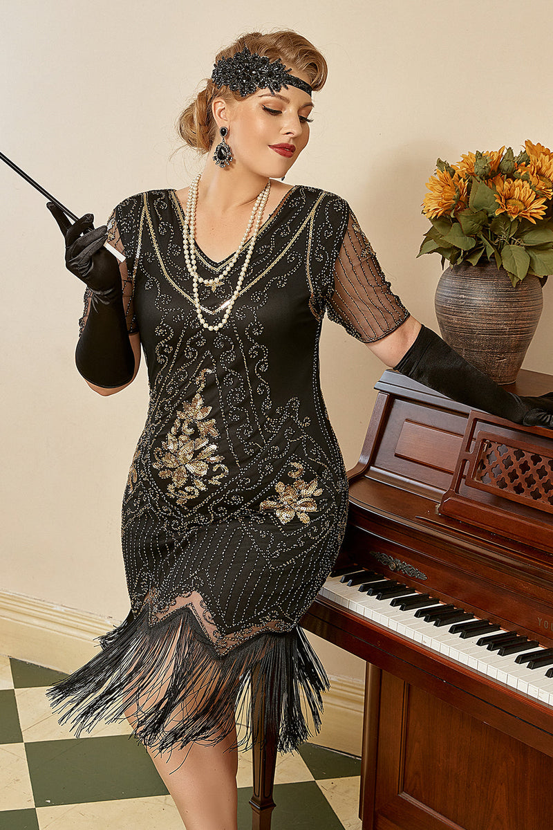 Laden Sie das Bild in den Galerie-Viewer, Schwarz Goldene Pailletten Gatsby Fransen Plus Size 1920er Jahre Kleid