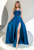 Laden Sie das Bild in den Galerie-Viewer, Blaue Spaghettiträger Ballkleid mit Spitze