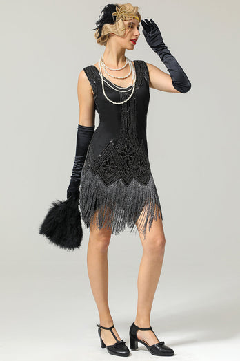 Schwarze 1920er Jahre Pailletten Flapper Kleid