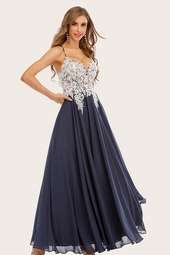 Grau Blaues Lange Chiffon Ballkleid mit Spitze